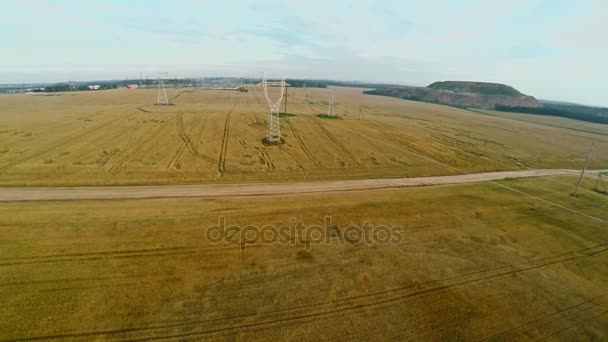 Central eléctrica con líneas eléctricas cerca de campos con cultivos — Vídeos de Stock