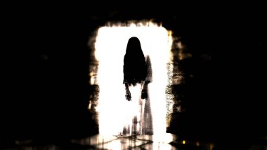 Hayalet kız. Korkunç hayalet karanlık koridorda. 3D çizim.