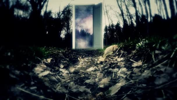 Invitation Cosmos Galaxy. Mysterious forest with a door. The door to space 7 — Stock Video