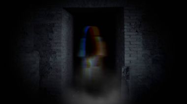 Ghost girl in doorway. A terrible ghost. clipart