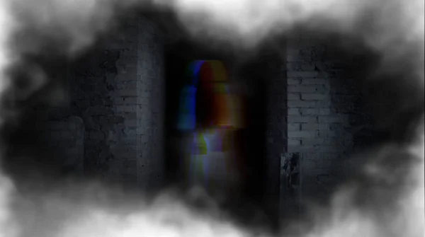 Uma rapariga fantasma à porta. Um fantasma terrível. . — Fotografia de Stock