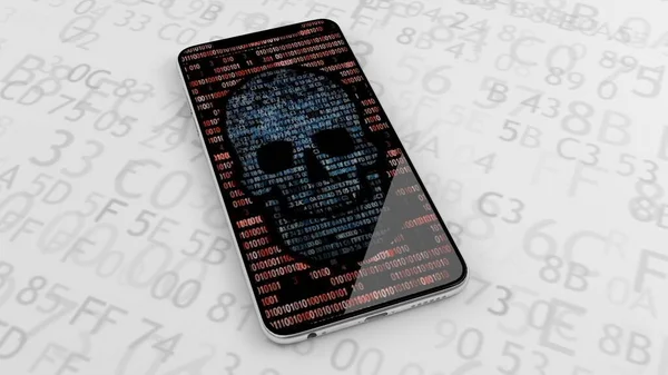 危険、インターネットスパイ、監視、スパイ、ハッキング、ハッカー。電話はスパイウェアウイルスに感染しています。身分証明書の盗難3Dイラスト. — ストック写真