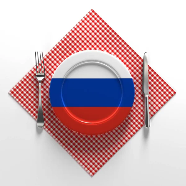 National dishes of Russia. Delicious recipes from Europe. Flag on a plate with food from Russia. 3D illustration. — Stock Photo, Image