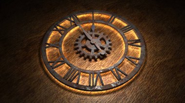 Eski bir saatin zaman turları. Saatin elleri hızla döner. Saatin 01: 00 olduğunu belirt. Saat 1: 00. Gece 1 'de, öğlen 1' de. 3d illüstrasyon.