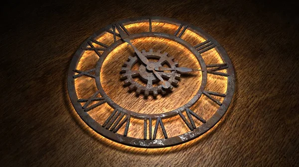 Eski bir saatin zaman turları. Saatin elleri hızla döner. Saatin 04: 00 olduğunu belirt. Saat 4: 00. Sabah 4 'te, akşam 4' te. 3d illüstrasyon.