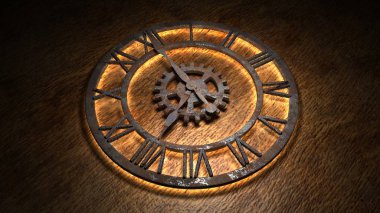 Eski bir saatin zaman turları. Saatin elleri hızla döner. Saatin 8: 00 olduğunu belirt. Saat 8: 00 'de. Sabah sekizde, akşam sekizde. 3d illüstrasyon.