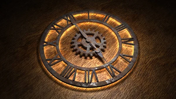 Eski bir saatin zaman turları. Saatin elleri hızla döner. Saatin 6: 00 olduğunu belirt. Saat 6: 00. Sabah 6, akşam 6. 3d illüstrasyon.