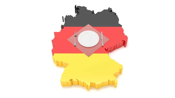 Almanya 'nın ulusal yemekleri. Avrupa 'dan lezzetli tarifler. Almanya 'dan gelen yiyeceklerle dolu bir tabakta bayrak. 3d illüstrasyon. — Stok fotoğraf
