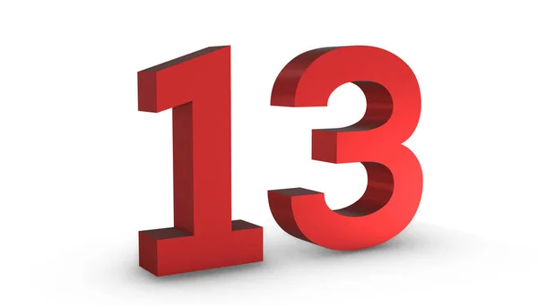 Number 13 Thirteen Red Sign 3D Rendering Isolated on White Backg — Stock Photo, Image