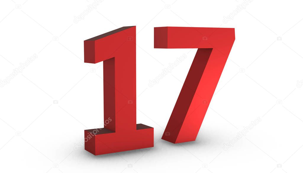Number 17 Seventeen Red Sign 3D Rendering Isolated on White Back
