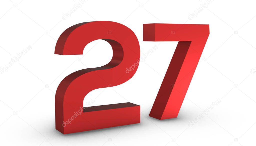 Number 27 Twenty Seven Red Sign 3D Rendering Isolated on White B