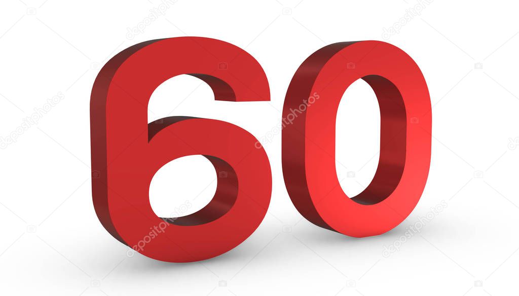 Number 60 Sixty Red Sign 3D Rendering Isolated on White Backgrou