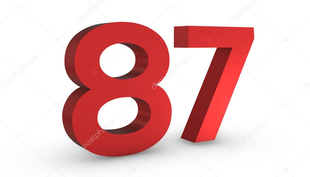 Number 87 Eighty Seven Red Sign 3D Rendering Isolated on White B