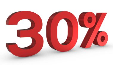 3d Parlak Kırmızı Numara 30% Beyaz Arkaplanda İzole Edildi.