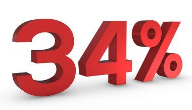 3d Parlak Kırmızı Numara 34% Beyaz Arkaplanda İzole Edildi.