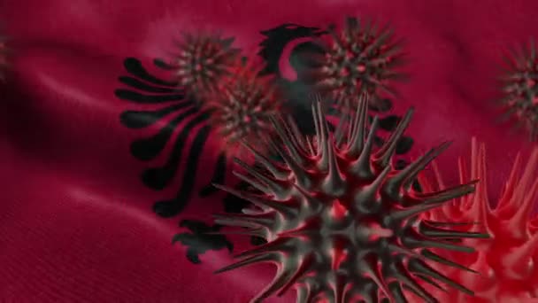 振動アルベニアフラグ上の3D拡散コロナウイルス病 — ストック動画