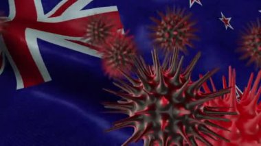 Dalgalanan Yeni Zelanda Bayrağı Üzerine 3 Boyutlu Coronavirus Hastalığı