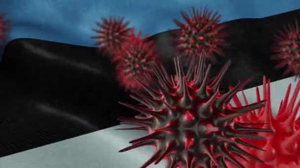Sallanan Estonya Bayrağında Boyutlu Coronavirüs Hastalığı — Stok video