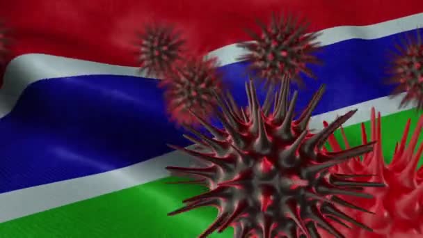 在飘扬的冈比亚国旗上传播珊瑚病的3D图像 — 图库视频影像