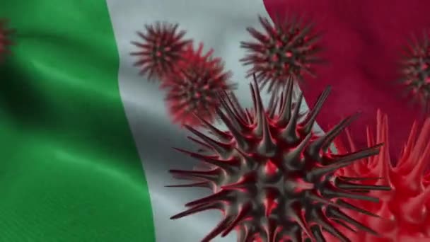 在飘扬的意大利国旗上三维传播珊瑚病 — 图库视频影像