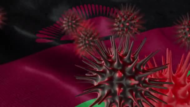 在飘扬的马拉维国旗上传播珊瑚病的3D图像 — 图库视频影像