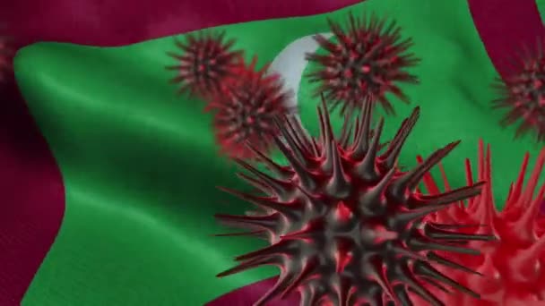 在飘扬的马尔代夫国旗上传播珊瑚病的3D图像 — 图库视频影像