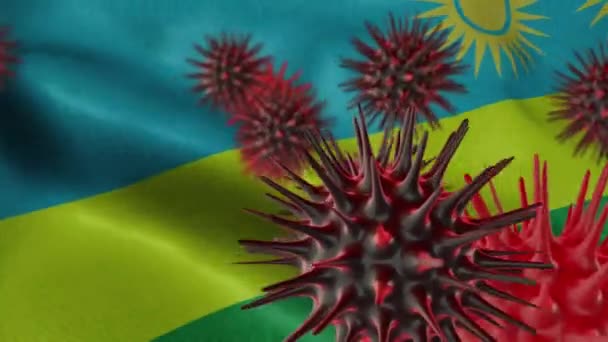在一面飘扬的卢旺达国旗上传播珊瑚病的3D图像 — 图库视频影像