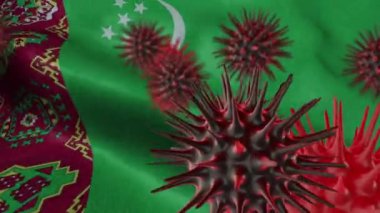 Dalgalanan Türkmenistan Bayrağında 3 Boyutlu Koronavirüs Hastalığı