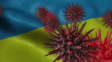 Dalgalanan Ukrayna Bayrağı Üzerine 3 Boyutlu Coronavirus Hastalığı