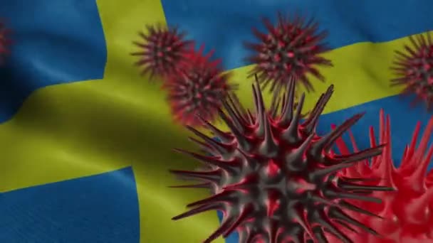 Difusión Enfermedad Por Coronavirus Una Bandera Suecia Ondeante — Vídeos de Stock