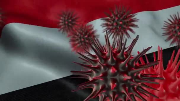 在飘扬的也门国旗上传播珊瑚病的3D图像 — 图库视频影像
