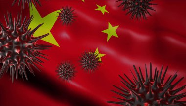 Çin bayrağının arkasında salgın hastalık olarak dalgalanan bir koronavirüs.