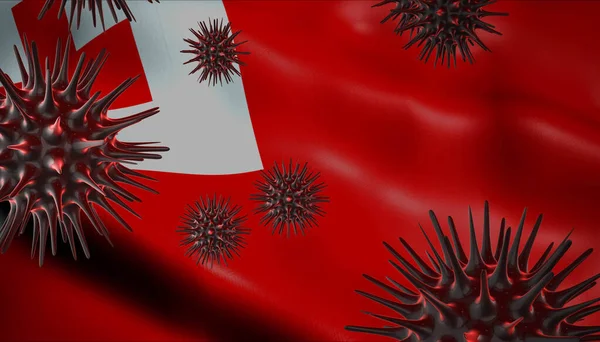 A coronavirus spinning with Tonga flag behind as epidemic outbreak infection in Tonga