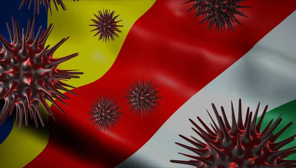 Коронавирус Вращающийся Флагом Сейшельских Островов Позади Эпидемическая Вспышка Инфекции Сейшельских — стоковое фото