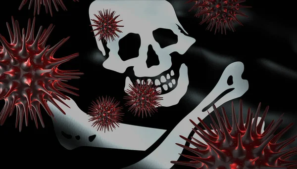 A coronavirus spinning with Pirates flag behind as epidemic outbreak infection in Pirates