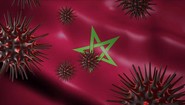 A coronavirus spinning with Morocco flag behind as epidemic outbreak infection in Morocco