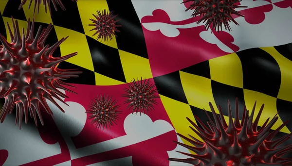 A coronavirus spinning with Maryland flag behind as epidemic outbreak infection in Maryland