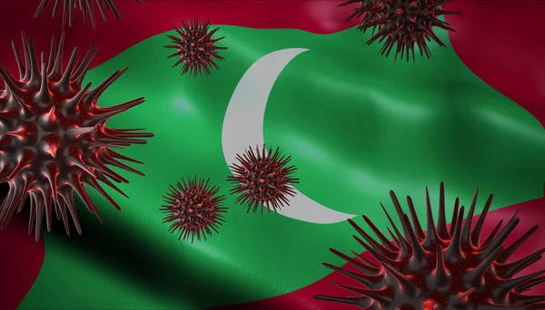 Коронавирус Вращающийся Флагом Мальдив Позади Эпидемическая Вспышка Инфекции Мальдивах — стоковое фото