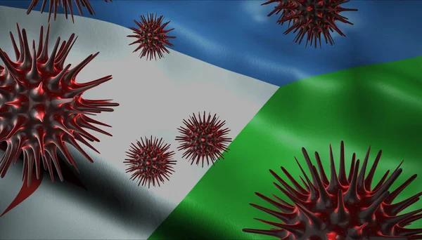 A coronavirus spinning with Djibouti flag behind as epidemic outbreak infection in Djibouti