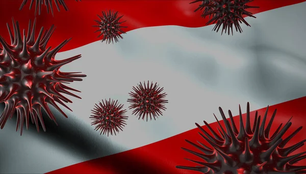 Avusturya bayrağının arkasında salgın hastalık olarak dalgalanan bir koronavirüs.