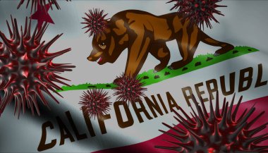 A coronavirus spinning with United States State flag behind as epidemic outbreak infection in California clipart