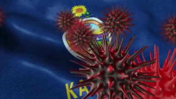 米国カンザス州旗とコロナウイルスの発生 コロナウイルスの概念 — ストック動画