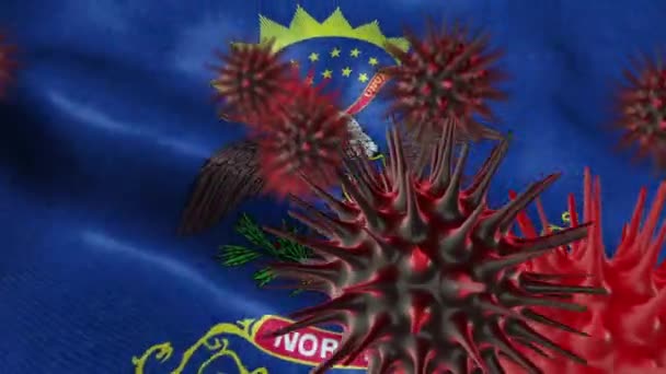 米国ノースダコタ州旗とコロナウイルスの発生 コロナウイルスの概念 — ストック動画