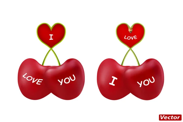 Cherries Heart Shaped Vector Photorealistic — Stock Vector