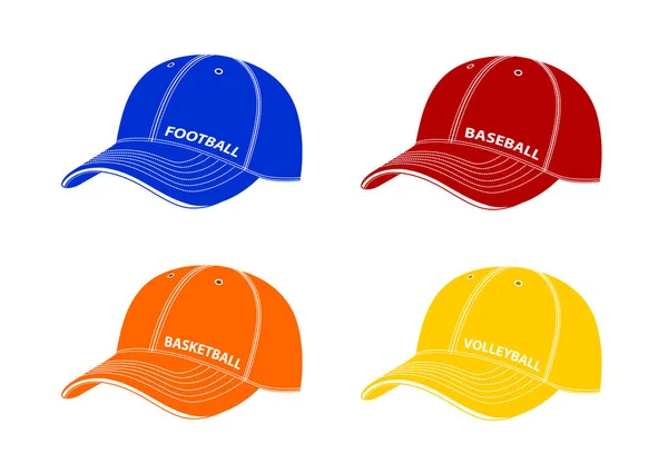 Farklı Spor Yazıtları Ile Beysbol Şapkası Beyaz Arka Plan Üzerinde — Stok Vektör