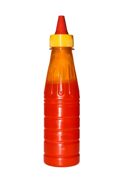 Salsa Piccante Una Bottiglia Plastica Sfondo Bianco Ketchup Una Bottiglia — Foto Stock