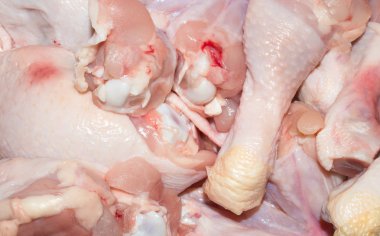 Çiğ taze tavukların arka planı. Tavuk inciği, kalça ve kanatlar..