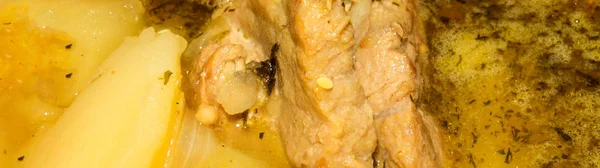 Burgonya Hússal Egy Sűrű Bordélyházban Párolt Burgonya Hússal Háttér Burgonya — Stock Fotó