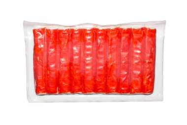 Yengeç stickleri paketleme. Beyaz arka planda yengeç yapışır..