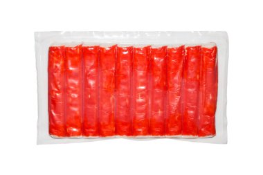 Yengeç stickleri paketleme. Beyaz arka planda yengeç yapışır..